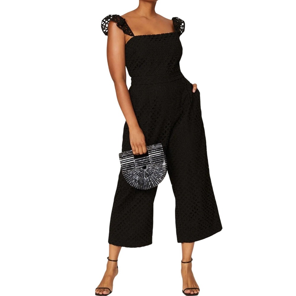 J Crew Black Eyelet Flutter Sleeve Cropped Jumpsuit Wide Leg Size 6